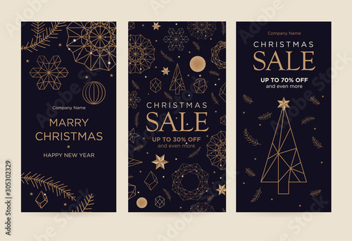 A set of greeting card with snowflakes and festive decor. Linear golden Christmas snowflake on a black background. New Year's design template. Vector flat. Vertical format