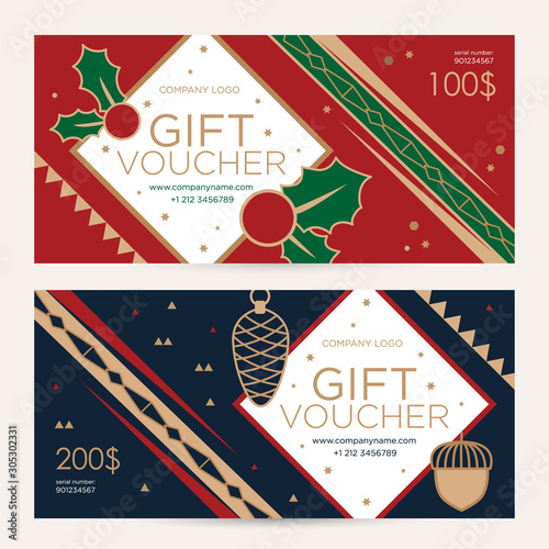 Christmas gift certificate. New Year gift voucher. Illustration of holly, cones, walnut on a blue and red background