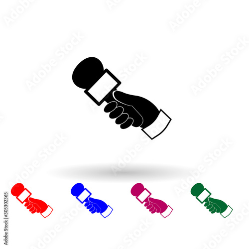 Hand holding a microphone multi color icon. Simple glyph, flat vector of media icons for ui and ux, website or mobile application