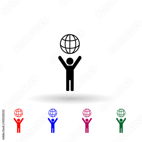 Man holding globe multi color icon. Simple glyph, flat vector of media icons for ui and ux, website or mobile application