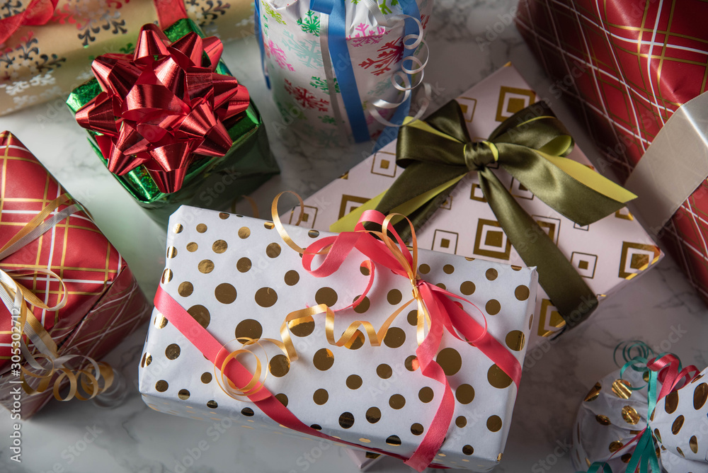 pile of wrapped gift boxes, holiday image