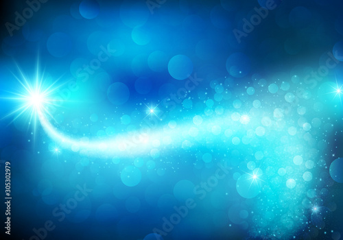 Magic blue celebration background. Festive sparkle shiny decoration with bokeh effects. Defocused, blurred lights.