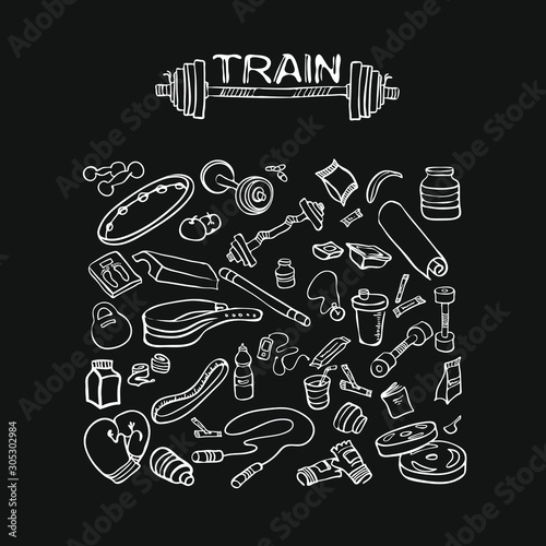 Fitness equipment, bodybuilding, sport, healthy lifestyle. Vector hand drawn sketch