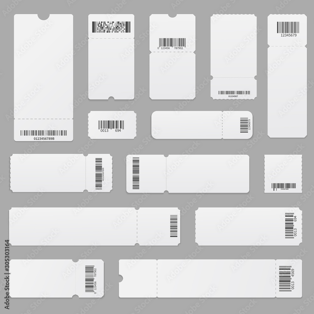 Realistic vector set of blank ticket templates with with barcodes Stock ...