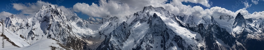 Panoramic view of high mountains (Caucasus, Dombai)