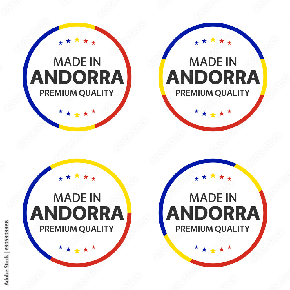 Set of four Andorran icons, English title Made in Andorra, premium quality stickers and symbols, internation labels with stars, simple vector illustration isolated on white background Set of four Andorran icons, English title Made in Andorra, premium quality stickers and symbols, internation labels with stars, simple vector illustration isolated on white background