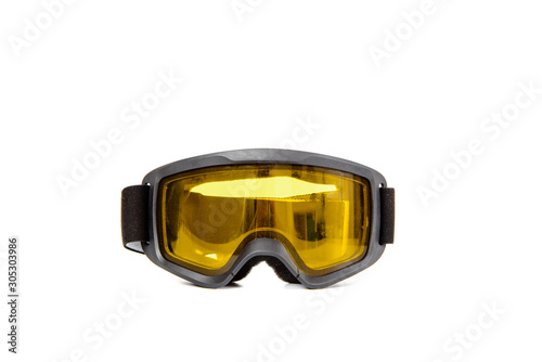 Ski goggles isolated on white. The concept of skiing, proper clothing and preparation for winter sports. Eye protection against winter.