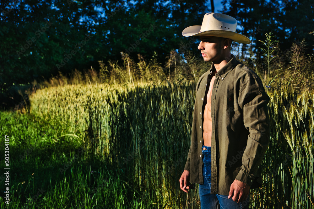 Portrait of sexy farmer or cowboy in hat with unbuttoned shirt on muscular torso, looking to a side, while standing next to hay field in countryside