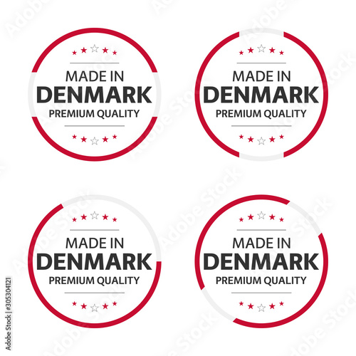 Set of four Danish icons, English title Made in Denmark, premium quality stickers and symbols, internation labels with stars, simple vector illustration isolated on white background