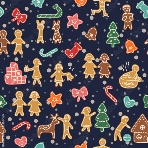 Winter pattern at christmas eve, with gingerbread men and women, couples and families, on a snowy night. Colorful, cute hand-drawn illustrations, fun surface design with dark blue background