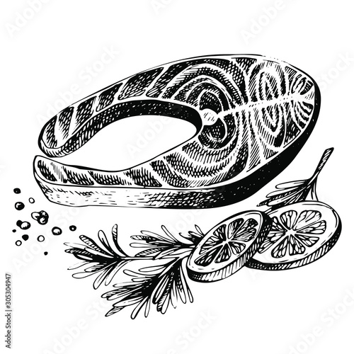 Steak of Red Fish, Salmon, with Lemon and Herbs. Sketch Seafood Menu. Ink Illustration of Fresh salmon steak ,close up