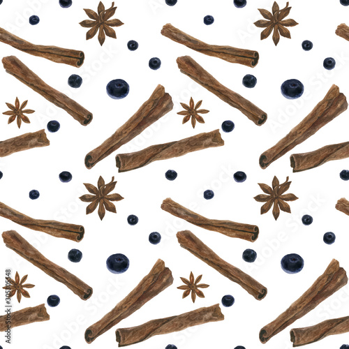 Christmas hot wine spices watercolor seamless pattern