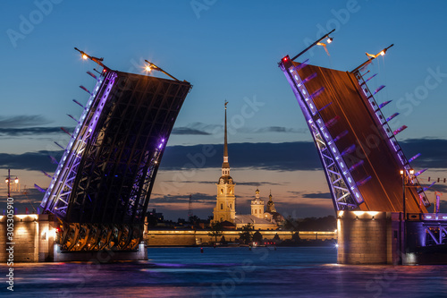 Double-leaf bascule bridge (Palace Bridge) and the Peter and Paul fortress (Saint Petersburg, Russia). (Translation of Russian text on flags - 'Welcome')