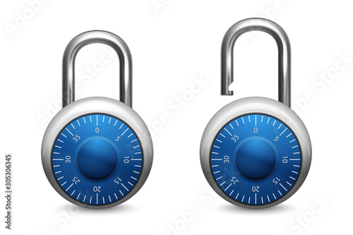 Vector 3d Realistic Blue Closed, Opened Metal Steel Chrome Padlock Icon Set Closeup Isolated on White Background. Design Template of Lock for Protection Privacy Concept, Web and Mobile Apps, Logo