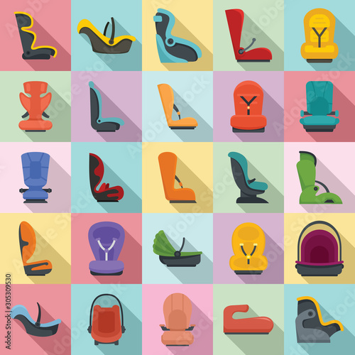 Baby car seat icons set. Flat set of baby car seat vector icons for web design