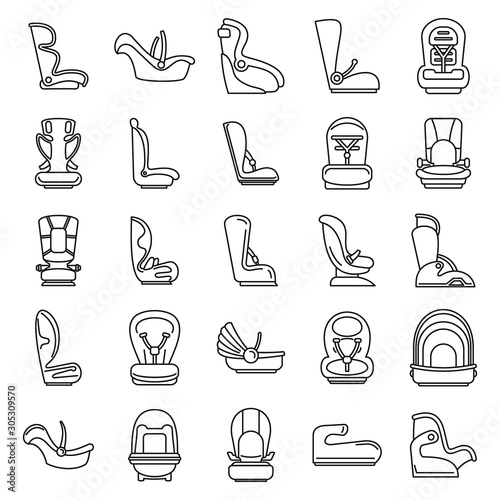 Modern baby car seat icons set. Outline set of modern baby car seat vector icons for web design isolated on white background