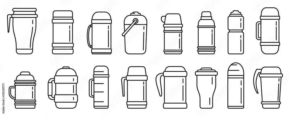Modern vacuum insulated water bottle icons set. Outline set of modern vacuum insulated water bottle vector icons for web design isolated on white background Modern vacuum insulated water bottle icons set. Outline set of modern vacuum insulated water bottle vector icons for web design isolated on white background