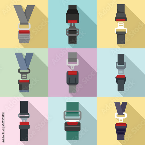 Seatbelt icons set. Flat set of seatbelt vector icons for web design