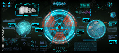 Innovation system, HUD dashboard interface for UI, GUI, UX design. Fullcolor futuristic elements set. Nuclear reactor interface, station and control center dashboard. HUD and Sci-fi vector elements.