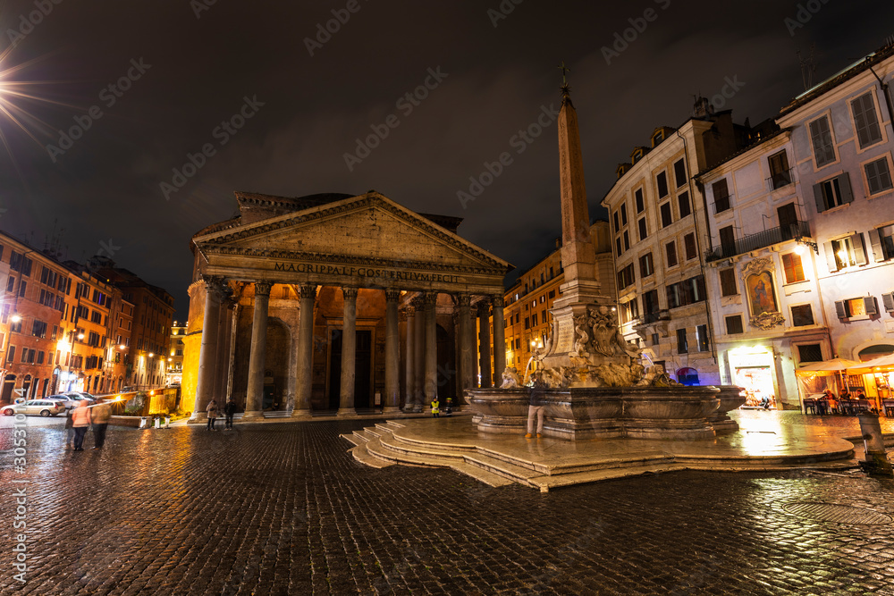 View of Pantheon in the Night after rain.