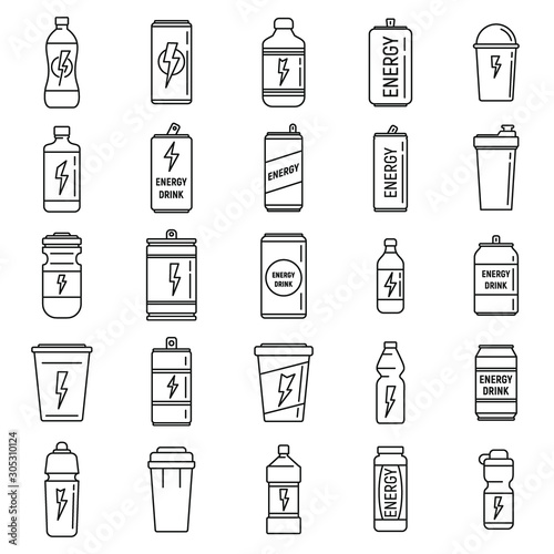 Boost energetic drink icons set. Outline set of boost energetic drink vector icons for web design isolated on white background