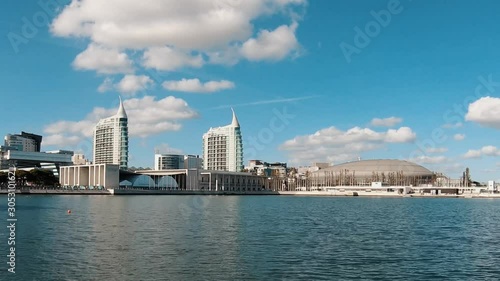 Time Lapse with modern buildings in background. Parque das Nacoes in lisbon Portugal.