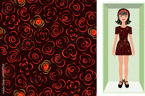 Vector seamless beautiful floral pattern for women’s fabric, wrapping, scarf, hijab. Cartoon brunette doll in a cardboard box in a dress with bright red stylized creative roses on a black background