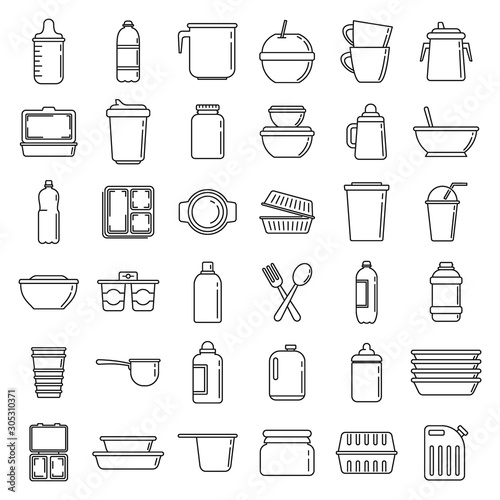 Modern plastic tableware icons set. Outline set of modern plastic tableware vector icons for web design isolated on white background