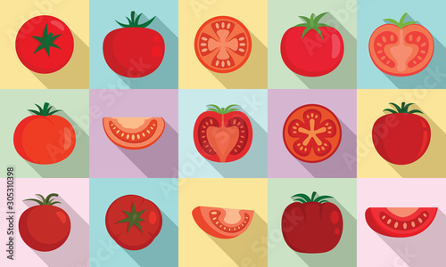 Tomato icons set. Flat set of tomato vector icons for web design