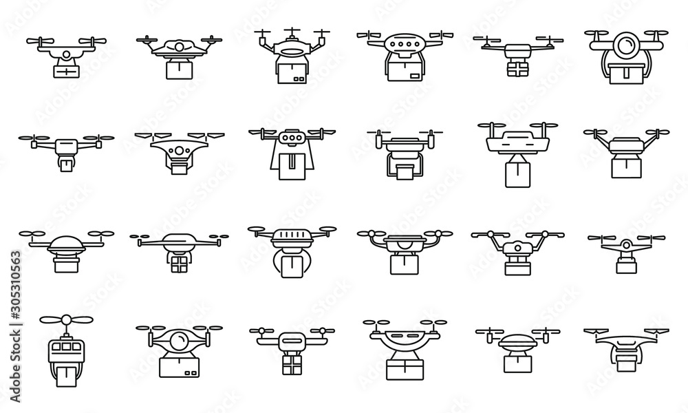 Air drone delivery service icons set. Outline set of air drone delivery service vector icons for web design isolated on white background