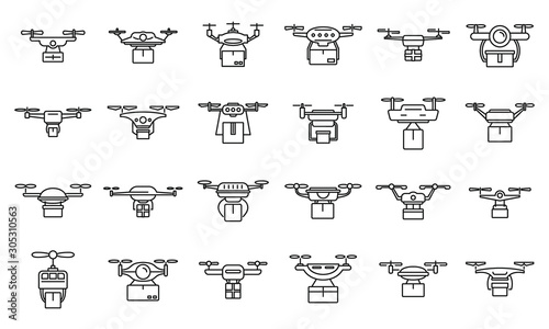 Air drone delivery service icons set. Outline set of air drone delivery service vector icons for web design isolated on white background