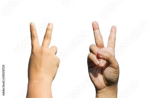 front and back side of hands gesturing sign victory isolated on white background