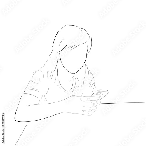 Fototapeta Naklejka Na Ścianę i Meble -  Fish Eye Perspective Simple Outline Hand Draw Sketch Vector, Relax Sitting Long Hair Woman typing something at her smartphone