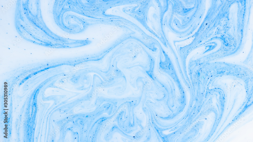 Fototapeta premium Fluid Art with white blue color. Abstract multicolored background. Blue white texture. Colored paint stains in liquid. Marble art. Fantastic iridescent colors