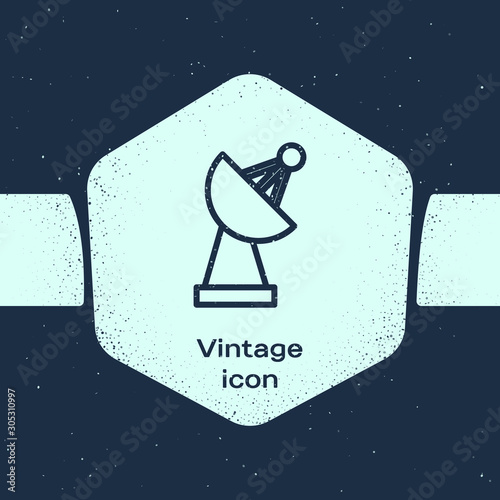 Grunge line Radar icon isolated on blue background. Search system. Satellite sign. Monochrome vintage drawing. Vector Illustration