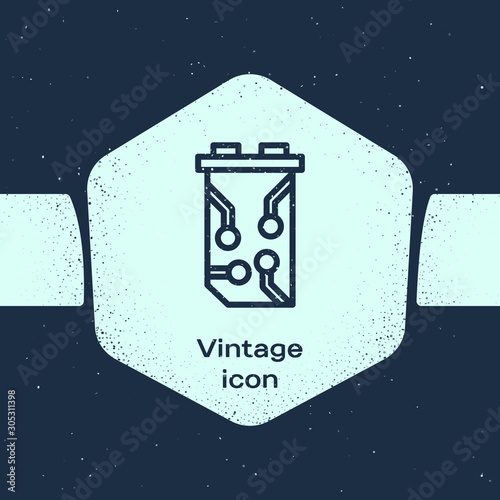 Grunge line Video graphic card icon isolated on blue background. Monochrome vintage drawing. Vector Illustration