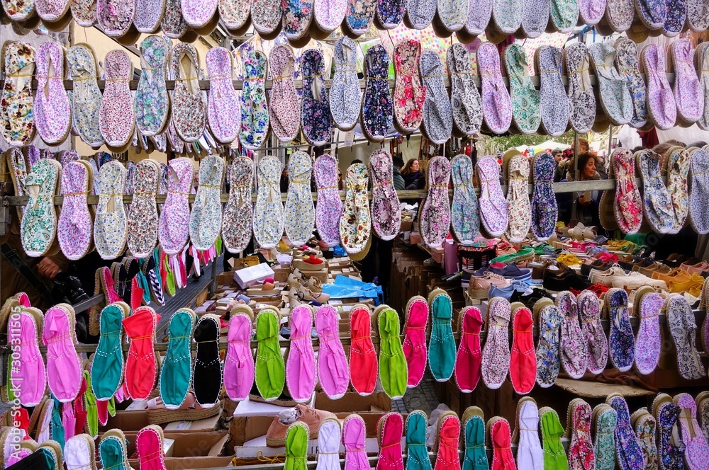  assortment of traditional Spanish Espadrilla shoes on the popular Rastro market. 
