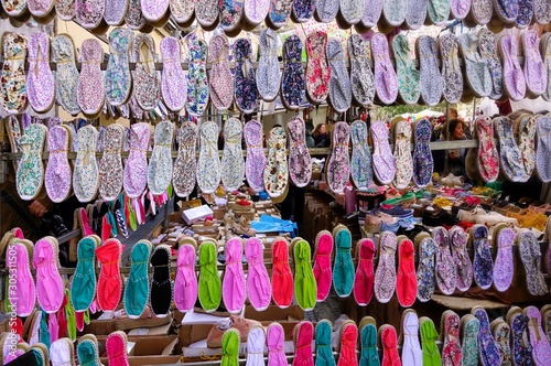  assortment of traditional Spanish Espadrilla shoes on the popular Rastro market. 