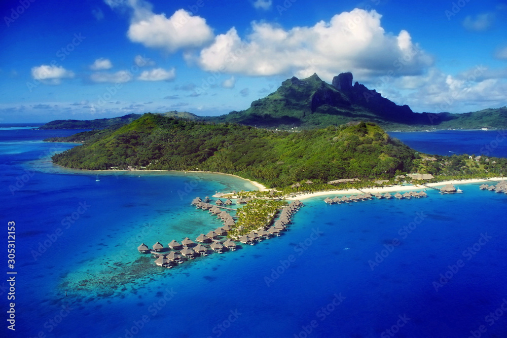 Aerial View of Bora Bora with overwater Bungalows