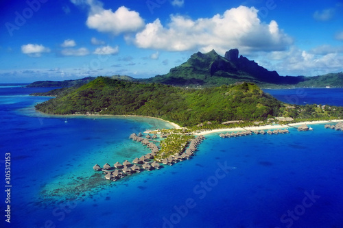 Aerial View of Bora Bora with overwater Bungalows photo