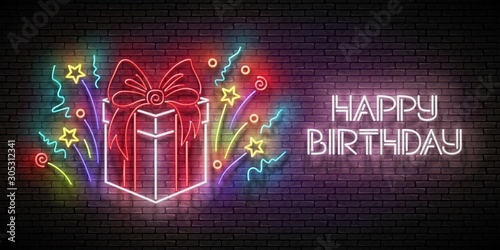 Vintage Glow Greeting Card with Gift, Confetti and Happy Birthday Inscription