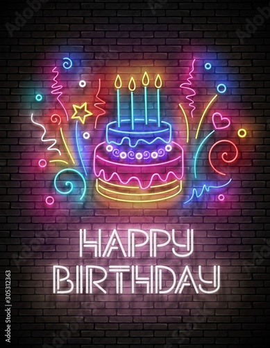 Glow Greeting Card with Cake, Candles, Confetti and Happy Birthday Inscription