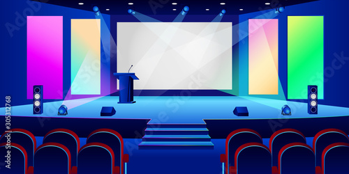 Conference hall interior. Empty white presentation screen in dark auditorium. Vector illustration