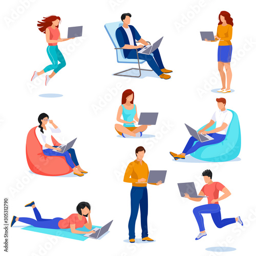People with laptops in different poses. Vector flat cartoon illustration. Young men and women work using computer