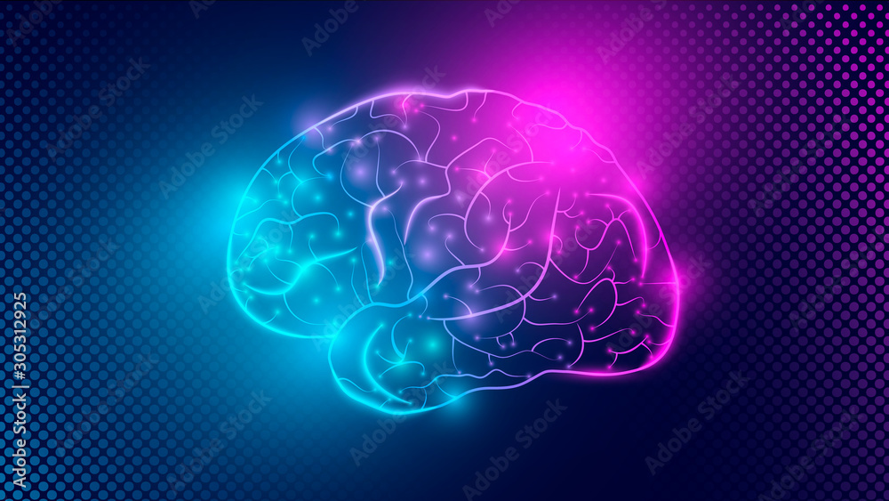 Human brain activity. External cerebral connections in the frontal lobe. Communication, psychology, artificial intelligence or AI, cognition concepts illustration. Human brain activity. External cerebral connections in the frontal lobe. Communication, psychology, artificial intelligence or AI, cognition concepts illustration.