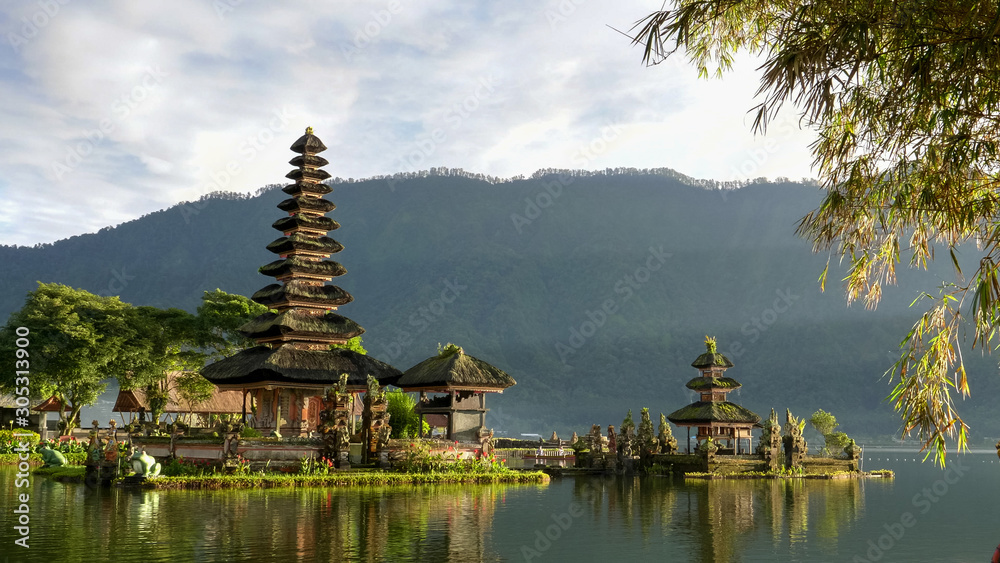 early morning shot of pura danu bratan temple and bamboo plants early morning shot of pura danu bratan temple and bamboo plants