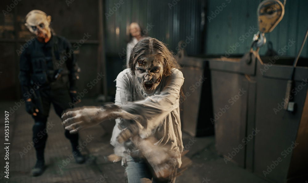 Zombie party in abandoned factory, scary place Zombie party in abandoned factory, scary place