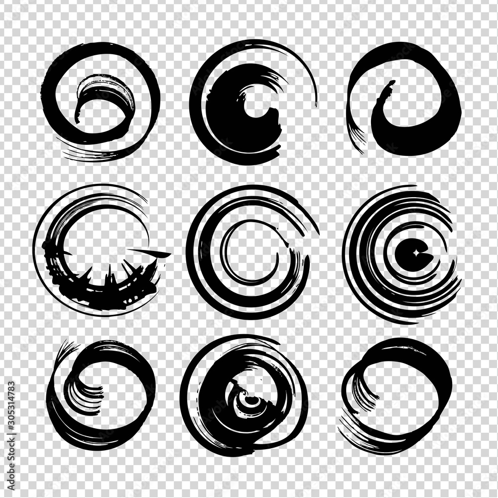 Abstract round black brushstrokes of different smears isolated on imitation transparent background Abstract round black brushstrokes of different smears isolated on imitation transparent background