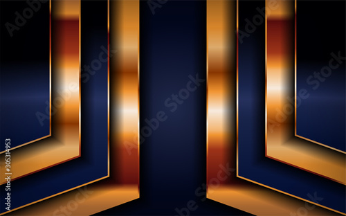 luxurious premium navy blue abstract background with golden lines. Overlap textured layer design.