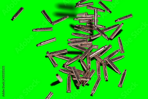Shell Casings Falling Down on Green Screen (easy to key out) - 3D Illustration